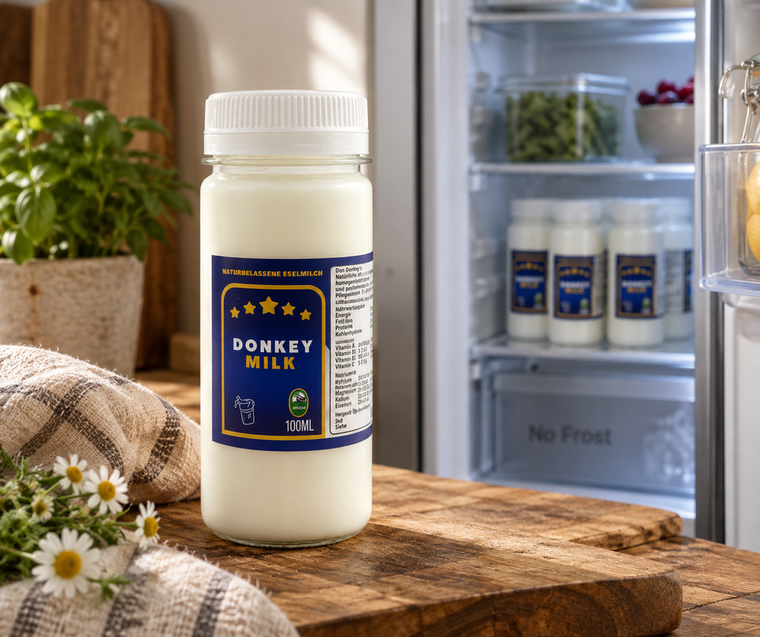 Eselsmilch richtig lagern: Don Donkey's Eselsmilch gekühlt im Kühlschrank für optimale Haltbarkeit.