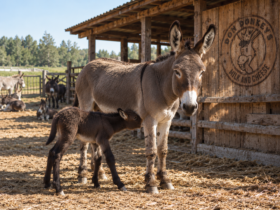 Wie viel Milch gibt ein Esel? Eselstute mit Fohlen in artgerechter Haltung auf einem Don Donkey's Partnerbetrieb.