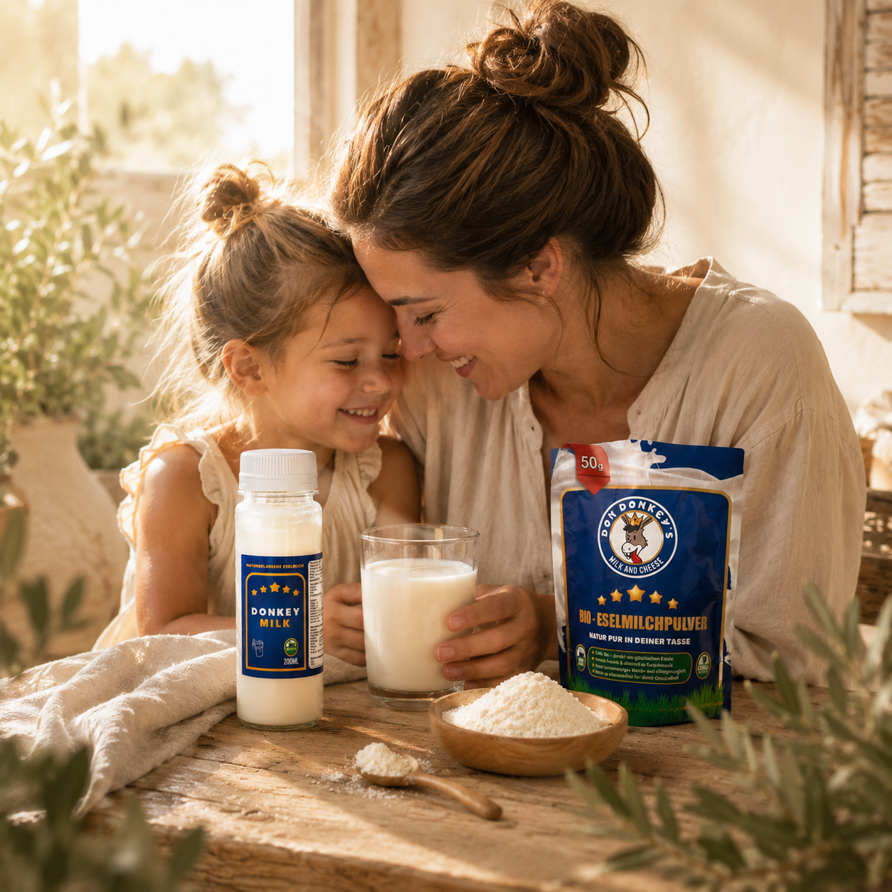 Mutter und Tochter mit Eselsmilch und Eselsmilchpulver von Don Donkey's® in natürlicher Umgebung als Symbol für Tradition, Herkunft und bewussten Genuss.
