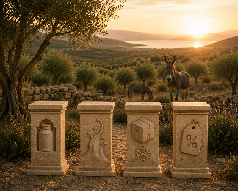 ier Säulen der Don Donkey's® Qualität mit traditioneller Eselsmilchproduktion, Frische, Kühlversand und Vitalprogramm in mediterraner Landschaft.