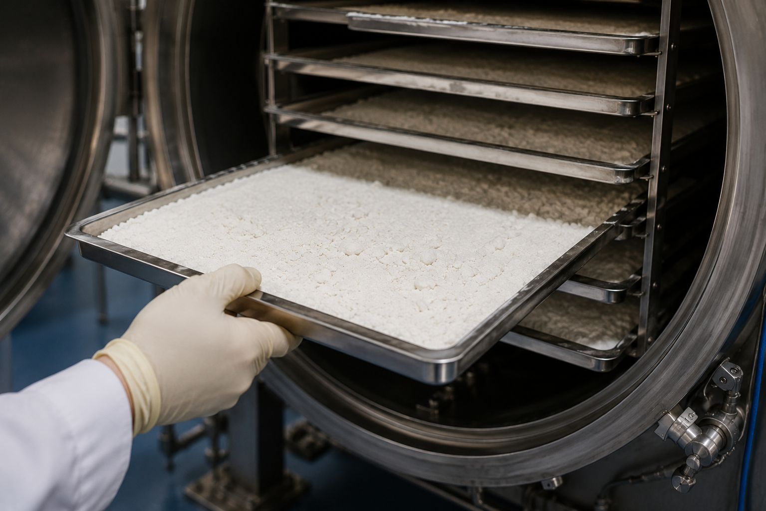 Gefriergetrocknete Eselsmilch auf Edelstahltablett während der Produktion von Eselsmilchpulver