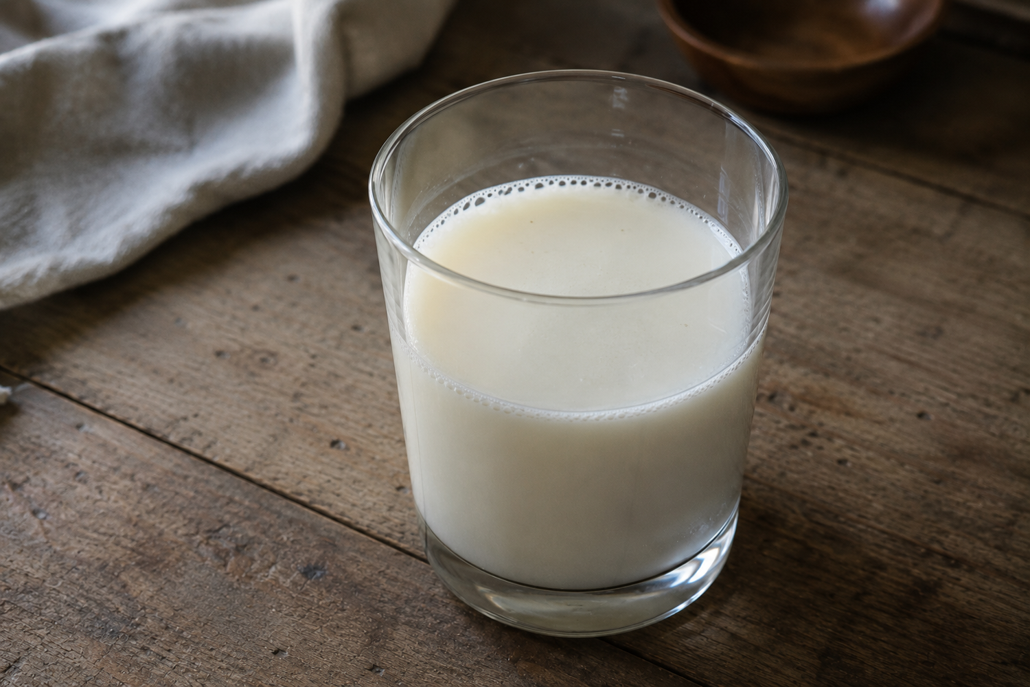 Frische Eselsmilch in einem Glas auf dunkllem Tisch mit natürlichem Tageslicht