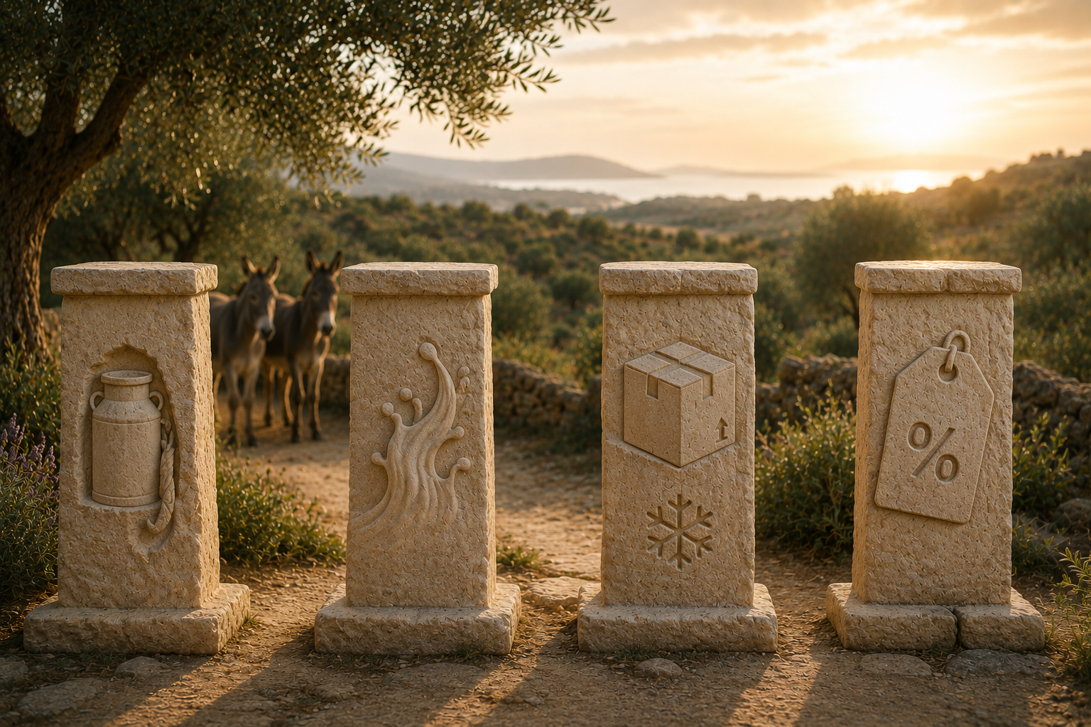 Vier Natursteinsäulen symbolisieren Produktion, Frische, Kühlversand und Vitalprogramm von Don Donkey's® vor mediterrischer Eselweide.